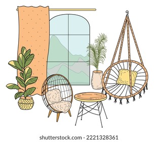 Sketches of furniture for the living room with an arched window, hand-drawn in the style of Art Nouveau and vintage, boho.
