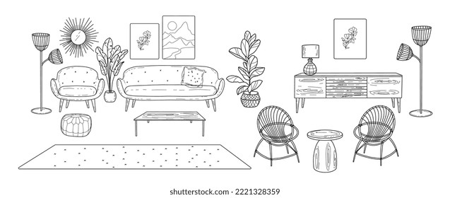 Sketches of furniture for the living room with wicker chairs, hand-drawn in the style of Art Nouveau and vintage, boho.
