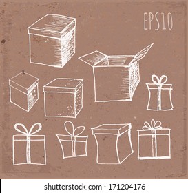 Sketches of gift boxes on brown paper. Vector illustration.