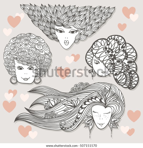 Sketches Girls Different Hairstyles Curls Waves Stock Vector