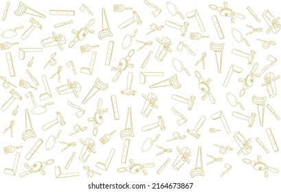 sketches of gold carpentry tools, some tools such as saws, drills, wood shavings, chisels, measuring tools, hammers, axes etc. can be used for your project background purposes