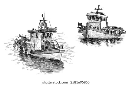 Sketches of greece fishing boats in sea, realistic hand drawings, vector illustration isolated on white