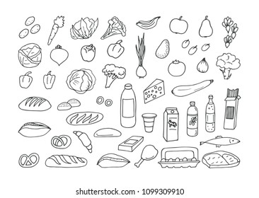 Sketches from groceries products on white background. Vector illustration.