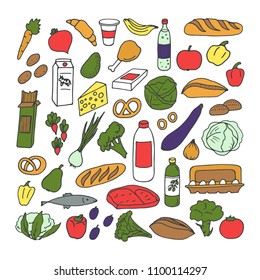 Sketches from groceries products on white background. Vector illustration.