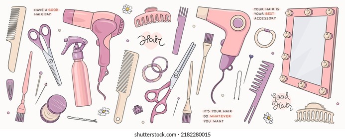 Esboza objetos de peluquería. Ilustración vectorial del cepillo de pelo, secador de pelo, espejo, tijeras y accesorios para el pelo