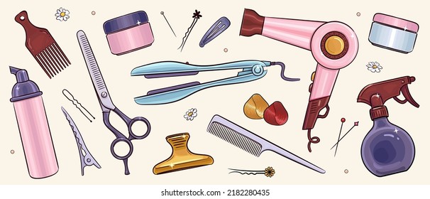 Sketches hairdressing salon objects set. Vector illustration of hairbrush, hairdryer, scissors and hair accessories