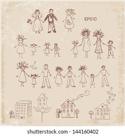 Sketches of home and family in vintage style. Vector illustration.