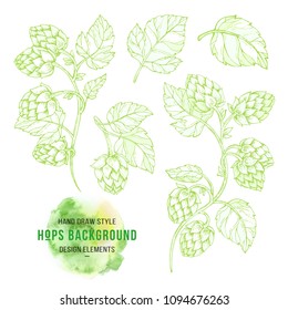 Sketches Of Hop Plant, Hop On A Branch With Leaves In Engraving Style Hops Elements For Packing, Pattern, Beer Illustration.