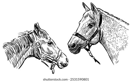 Sketches of horse and foal head in harness, realistic hand drawing, vector, isolated on white