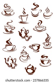 Sketches of hot and fragrant cups of coffee and pots with swirls of steam for beverage, cafe and restaurant design