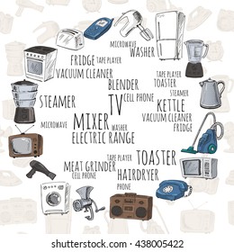 Sketches of household appliances arranged on a circle seamless background with different electrical engineering. Vector illustration.
