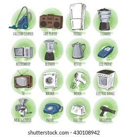 Sketches of household appliances on a wooden background, can be used as an icons or other design. Vector illustration.