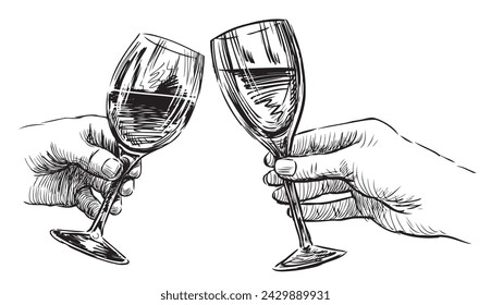 Sketches of human hands holding two wine glasses, vector black and white  hand drawings isolated on white 