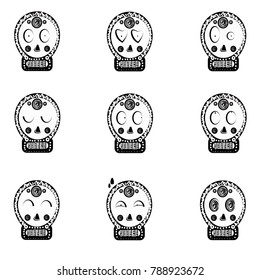 Sketches of human skulls with spooky laughing grins and monster cranium with long sharp fangs. smile set