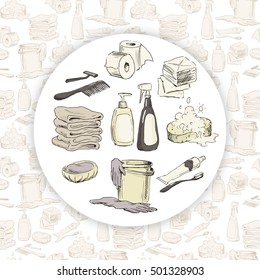 Sketches of hygiene elements on seamless background. Hand-drawn objects for keeping cleanliness in the house. Can be used as icons or else. Vector illustration.