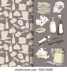 Sketches of hygiene elements on seamless background. Hand-drawn objects for keeping cleanliness in the house. Can be used as icons or else. Vector illustration.