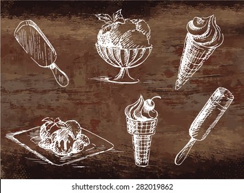 Sketches of  ice cream on the old wooden background. Vector illustration.