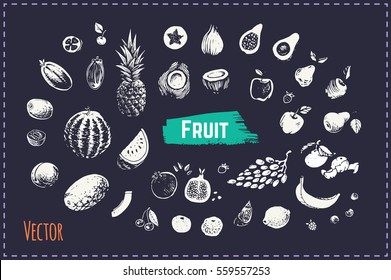 sketches icons - fruit - watermelon, apple, pear, grapes, coconut. Isolated vector. 4 design packaging of juices, menus and cookbooks. chalk on blackboard