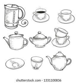 Sketches of kitchen appliances, teapot, kettle, mugs