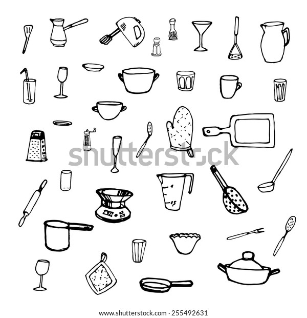 Sketches Kitchen Equipment Utensils Vector Illustration Stock
