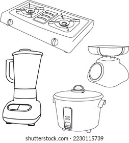sketches of kitchen tools in the form of stoves, mix blenders, rice cookers, and scales. hand drawn