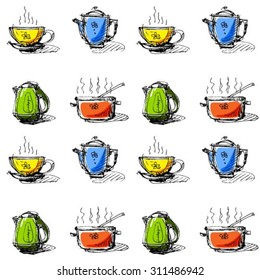 Sketches of kitchen utensils. Seamless pattern