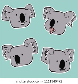 Sketches of koala heads on green background. Set of cartoon koala heads.