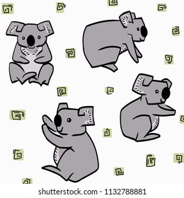 Sketches of koalas in color with green elements. Set of koalas on white background.