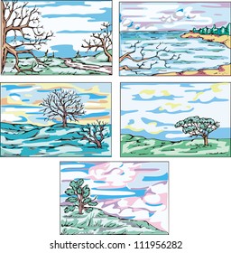 Sketches of landscapes with trees. Set of vector illustrations.