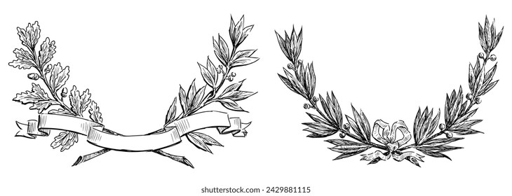 Sketches of laurel and oak branches two winning wreaths with ribbons, black and white vector illustration isolated on white