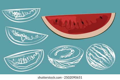 Sketches of line shape watermelon and triangle shape of full color watermelon on blue background.