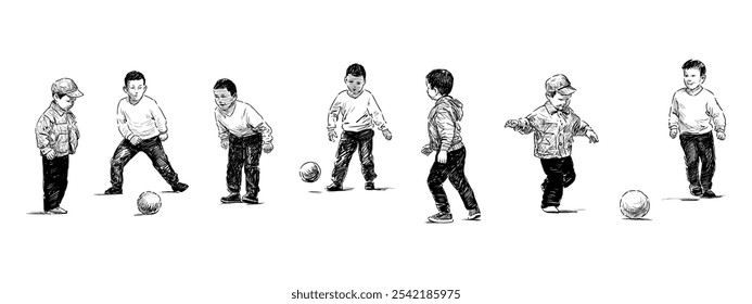 Esboços de meninos jogando futebol, desenho de mão realista, ilustração vetorial