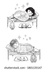 Sketches of little kids sleeping in their beds