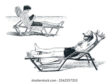 Sketches of man and teen boy on beach holiday, lying in sunbeds on seashore, reading, tanning, relaxing, realistic hand drawn vector illustration