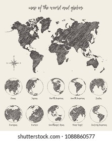 Sketches of map of the world and the globe. Vector Illustration