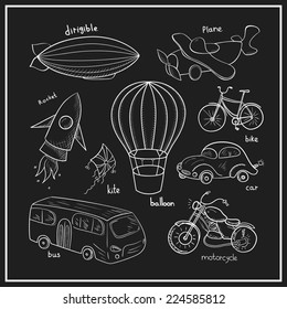 Sketches means of transport, black and white vector illustration