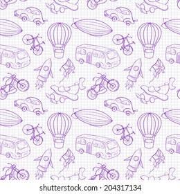 Sketches means of transport,  vector seamless pattern on notebook sheet background
