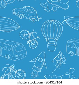 Sketches means of transport, vector seamless pattern on blue background