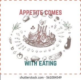 Sketches meat dish - ribs. Art illustration. Isolated vector. Vintage. template 4 design menu of restaurants & cafes, poster in frame on wall, napkins. quotations