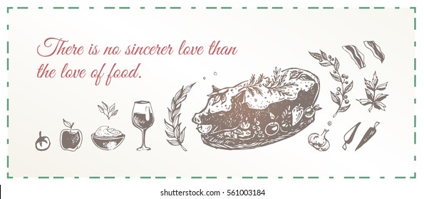 Sketches meat dish - roast suckling pig. Art illustration. Isolated vector. Vintage. template 4 design menu of restaurants, poster in frame, napkins. quotations