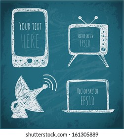 Sketches of mobile phone, TV set, antenna and notebook. Hand-drawn with ink. Vector illustration.