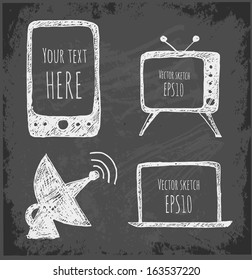 Sketches of mobile phone, TV set, antenna and notebook. Hand-drawn on blackboard. Vector illustration. 