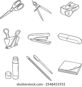 esboça material de escritório. linha preta sobre fundo branco ilustração vetorial. conjunto vetorial