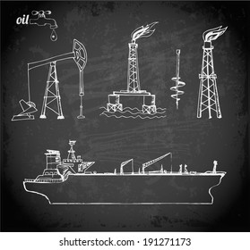 Sketches of oil rigs, offshore drilling platform and oil tanker ship on blackboard. Vector illustration.