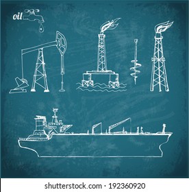 Sketches of oil rigs, offshore drilling platform and oil tanker ship. Vector illustration.