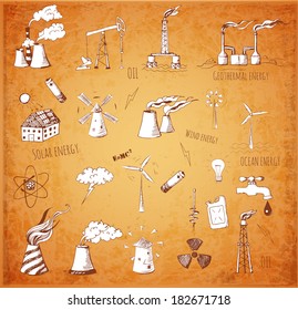 Sketches of oil rigs, oil platforms, thermal energy station and other sources of energy. Vector sketch illustration in vintage style. 