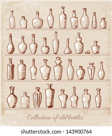 Sketches of old bottles in vintage style. Hand-drawn with ink. Vector illustration.
