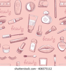 
Sketches on cosmetics on a pink background . Seamless vector pattern .