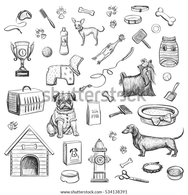 白い背景に犬用の製品とアクセサリーのスケッチ 手書き のベクター画像素材 ロイヤリティフリー