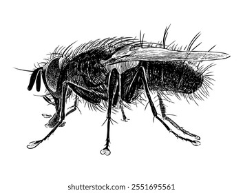 Sketches of one black fly closeup, side view, realistic hand drawn illustration isolated on white